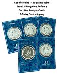 Set of 5 - 10g 999 Pure Silver Indian Coins-Bangalore Refinery